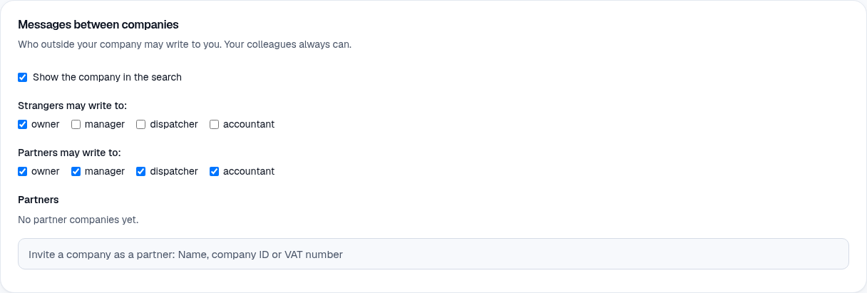 The settings of messages between companies.
