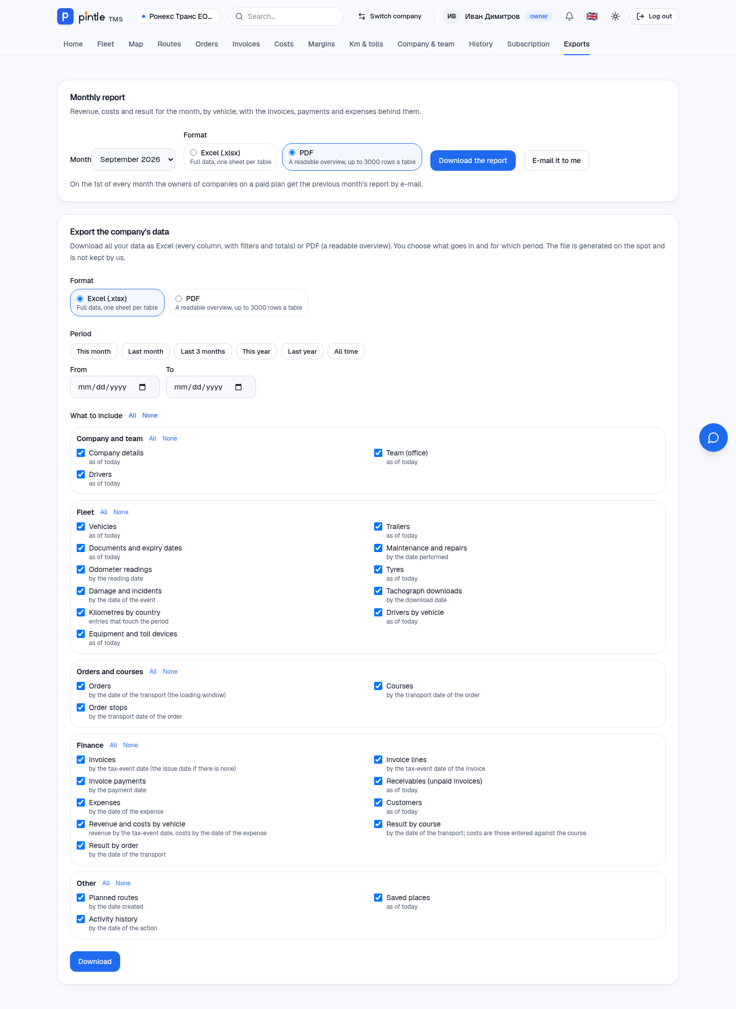 Exports: the monthly report and an export of the company's data.