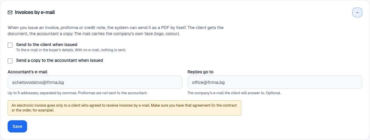 The settings for sending invoices by e-mail.