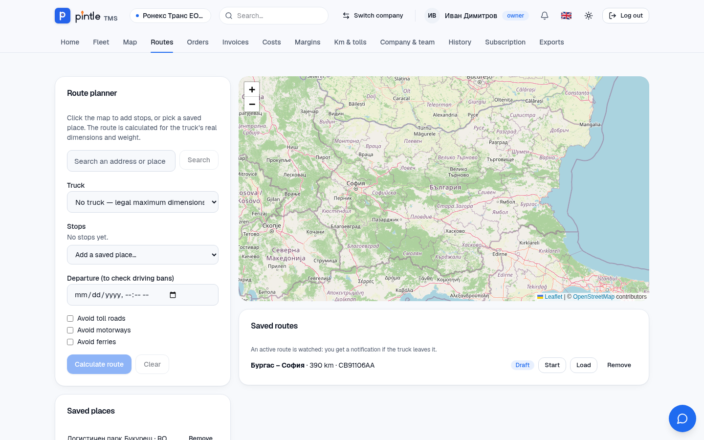 Planning a truck route with saved places.